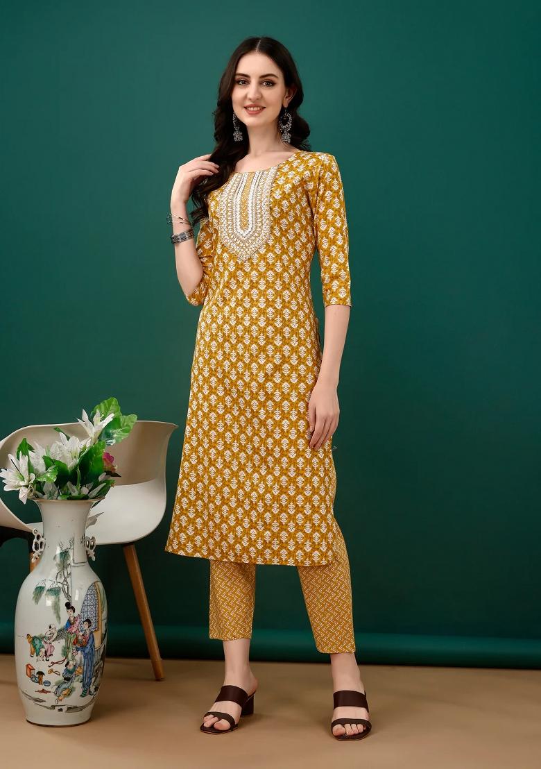 Mustard Embroidery Cotton Kurta Set - Indya
