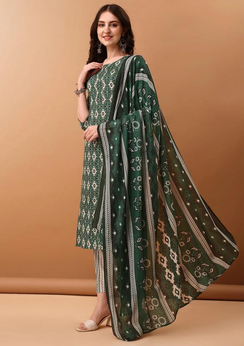 Green Embroidery Cotton Kurta Set - Indya