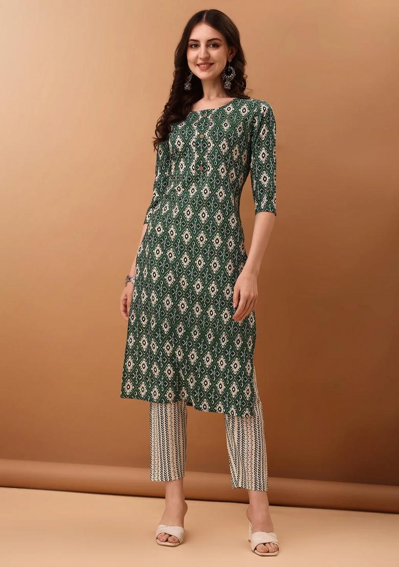 Green Embroidery Cotton Kurta Set - Indya