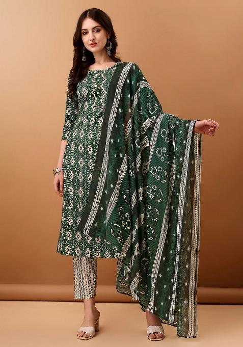 Green Embroidery Cotton Kurta Set