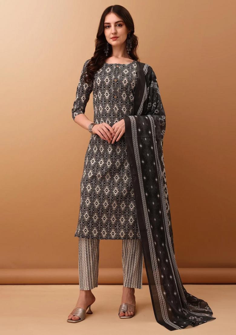 Grey Embroidery Cotton Kurta Set - Indya