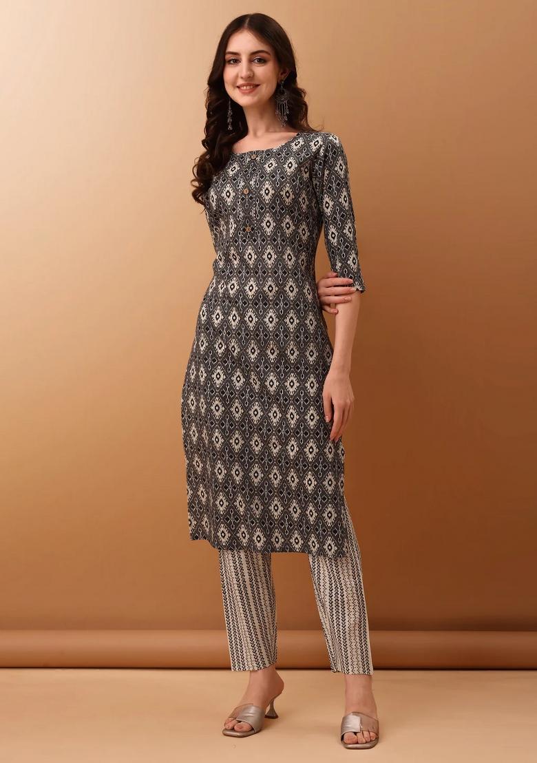 Grey Embroidery Cotton Kurta Set - Indya
