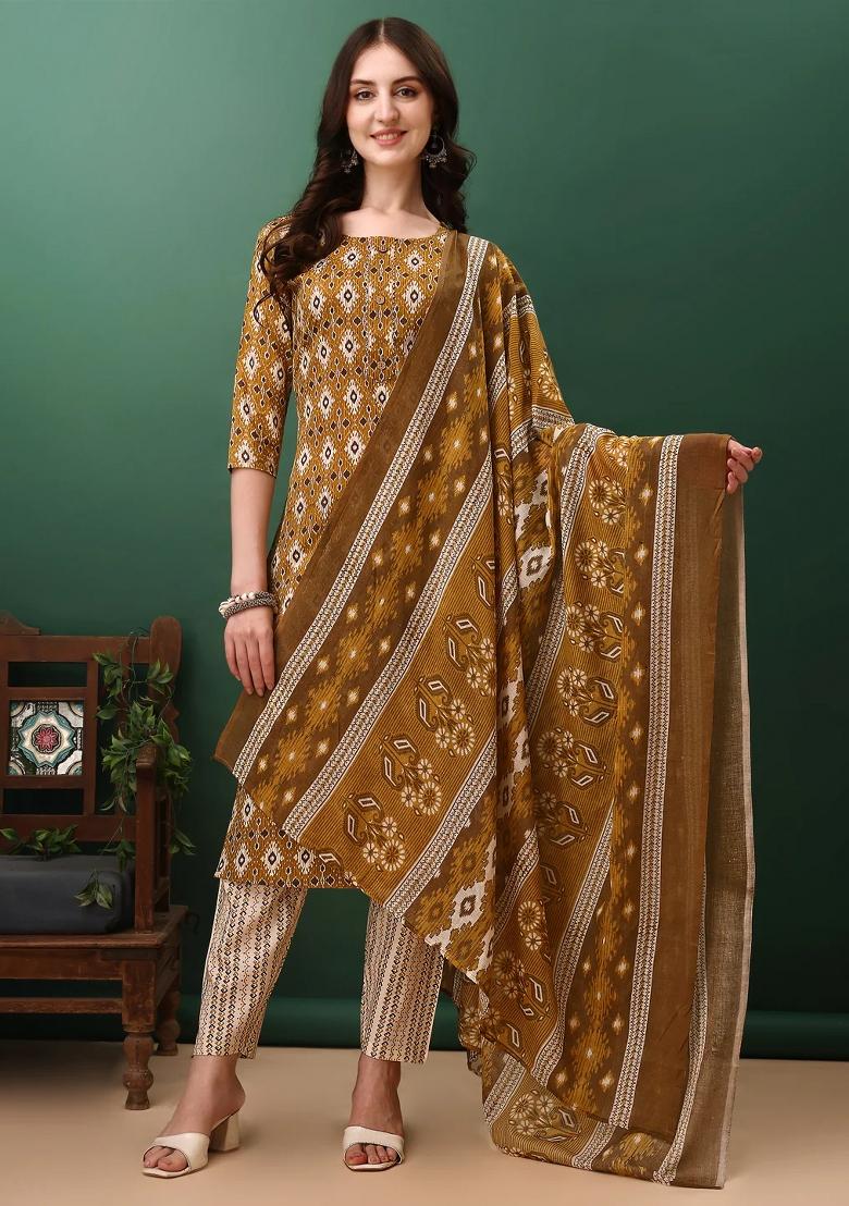 Mustard Embroidery Cotton Kurta Set - Indya