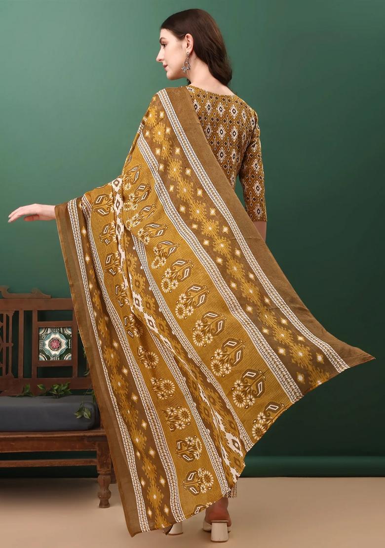 Mustard Embroidery Cotton Kurta Set - Indya