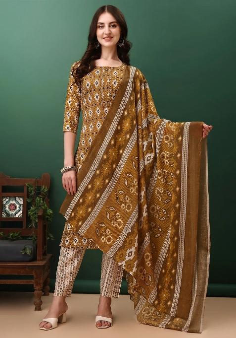 Mustard Embroidery Cotton Kurta Set