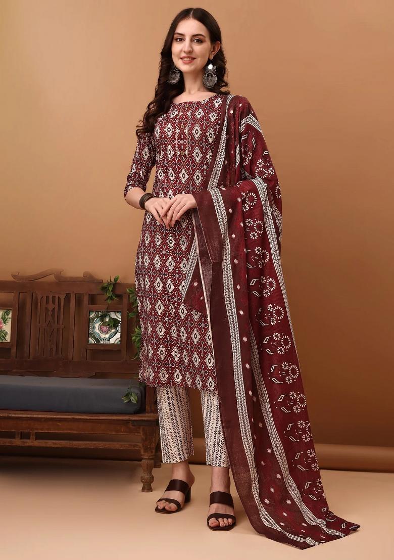 Wine Embroidery Cotton Kurta Set - Indya