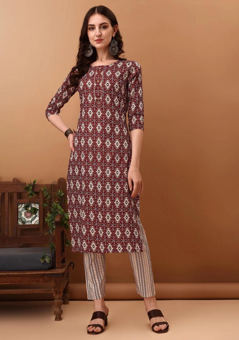 Wine Embroidery Cotton Kurta Set - Indya