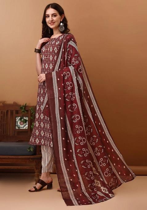 Wine Embroidery Cotton Kurta Set