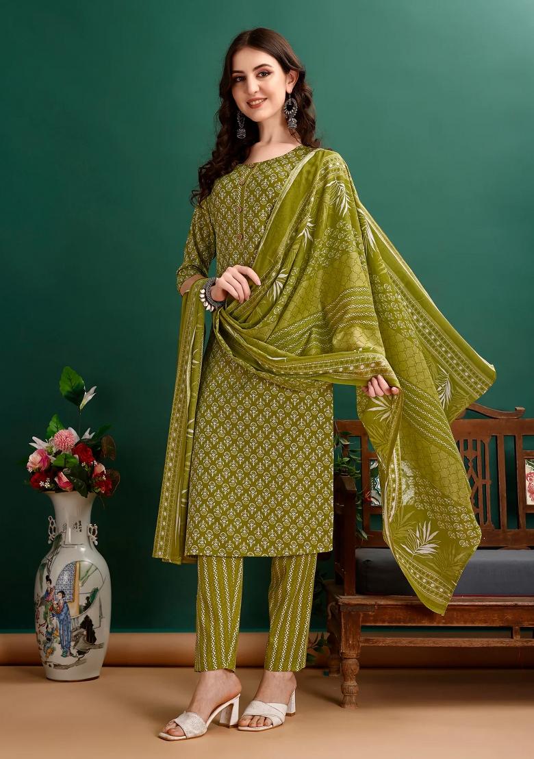 Green Embroidery Cotton Kurta Set - Indya