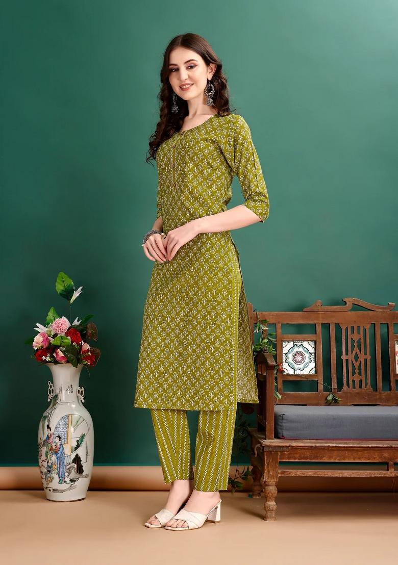 Green Embroidery Cotton Kurta Set - Indya