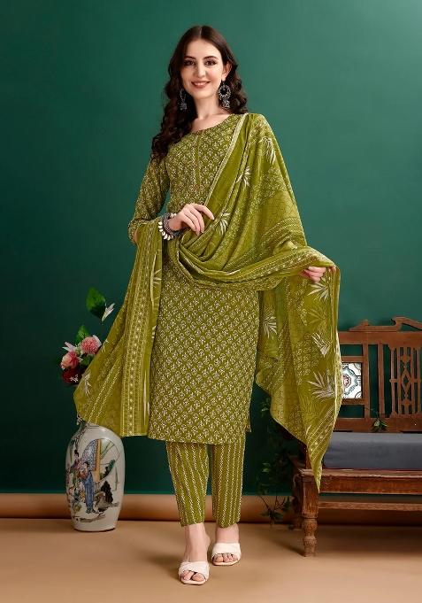 Green Embroidery Cotton Kurta Set
