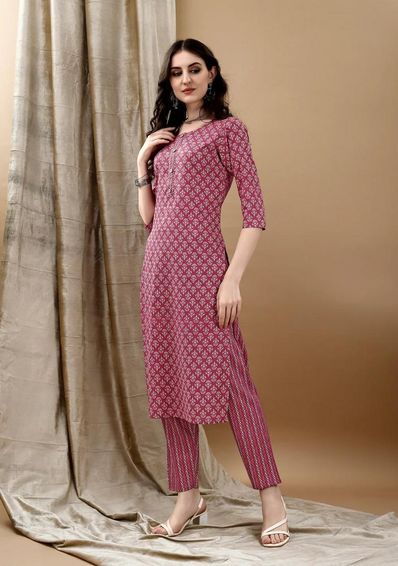 Pink Embroidery Cotton Kurta Set - Indya