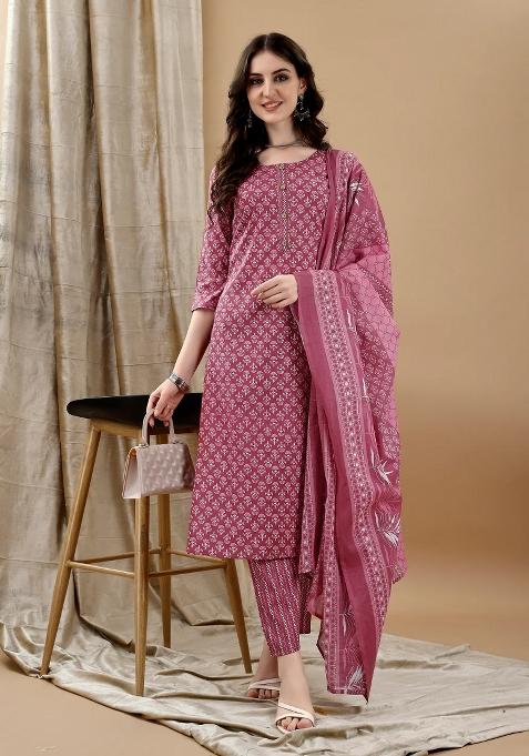 Pink Embroidery Cotton Kurta Set