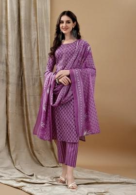 Purple Embroidery Cotton Kurta Set