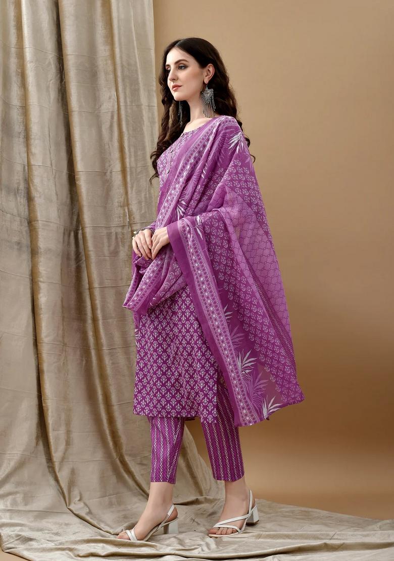 Purple Embroidery Cotton Kurta Set - Indya