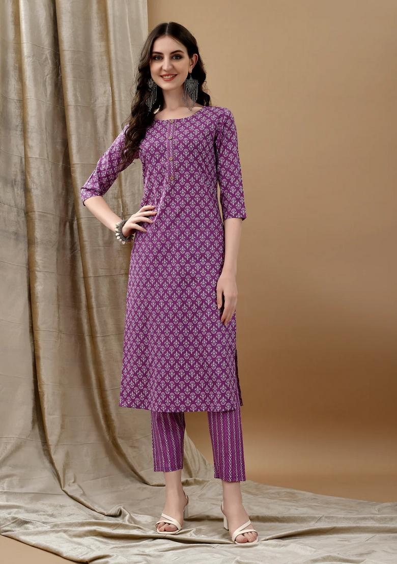 Purple Embroidery Cotton Kurta Set - Indya