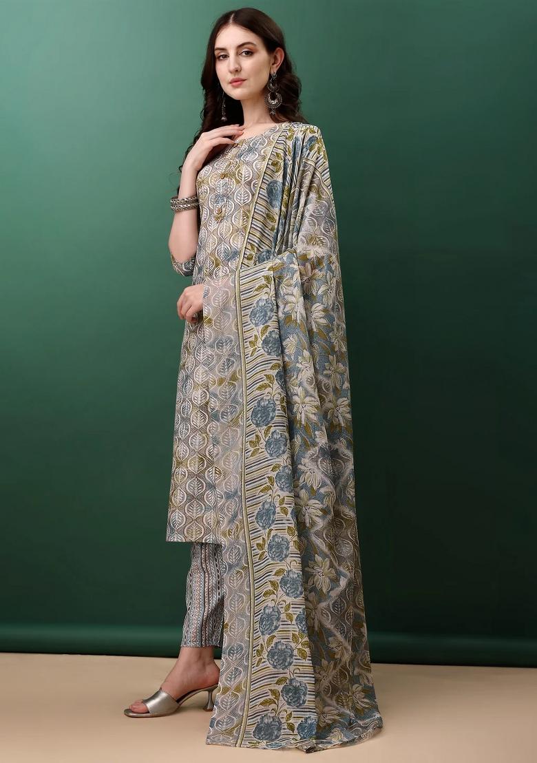 Blue Embroidery Cotton Kurta Set - Indya