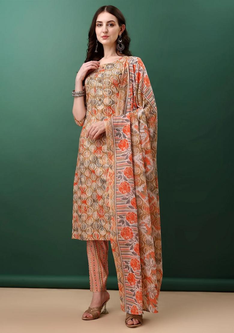Orange Embroidery Cotton Kurta Set - Indya