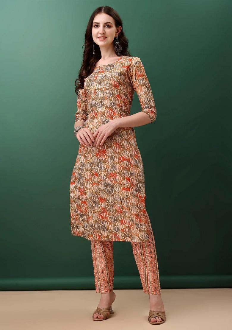 Orange Embroidery Cotton Kurta Set - Indya