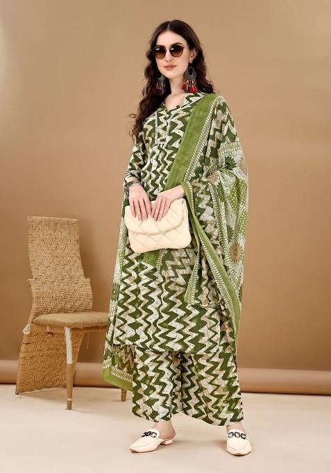 Green Embroidery Cotton Kurta Set