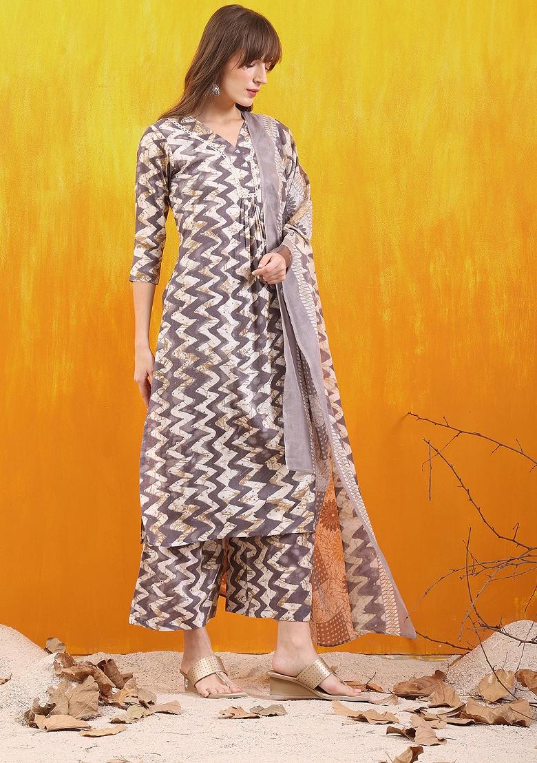 Grey Embroidery Cotton Kurta Set - Indya