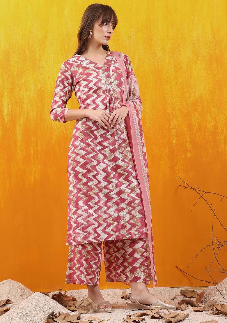 Pink Embroidery Cotton Kurta Set - Indya