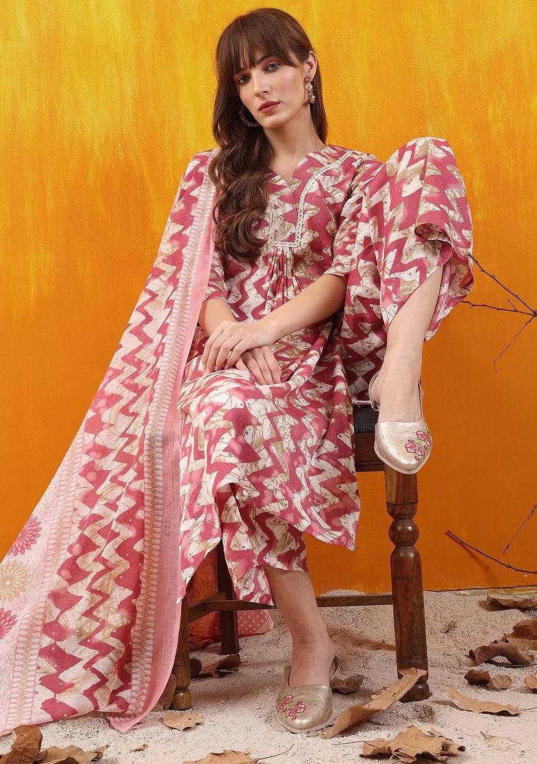 Pink Embroidery Cotton Kurta Set - Indya