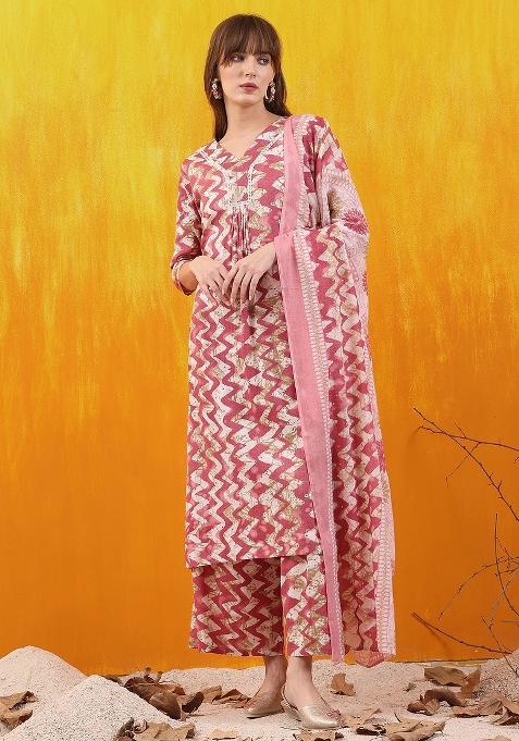 Pink Embroidery Cotton Kurta Set