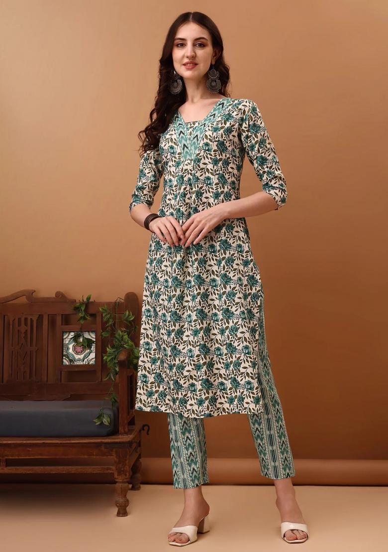 Blue Embroidery Cotton Kurta Set - Indya