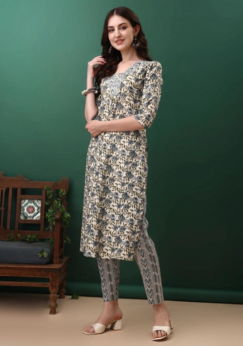 Navy Blue Embroidery Cotton Kurta Set - Indya