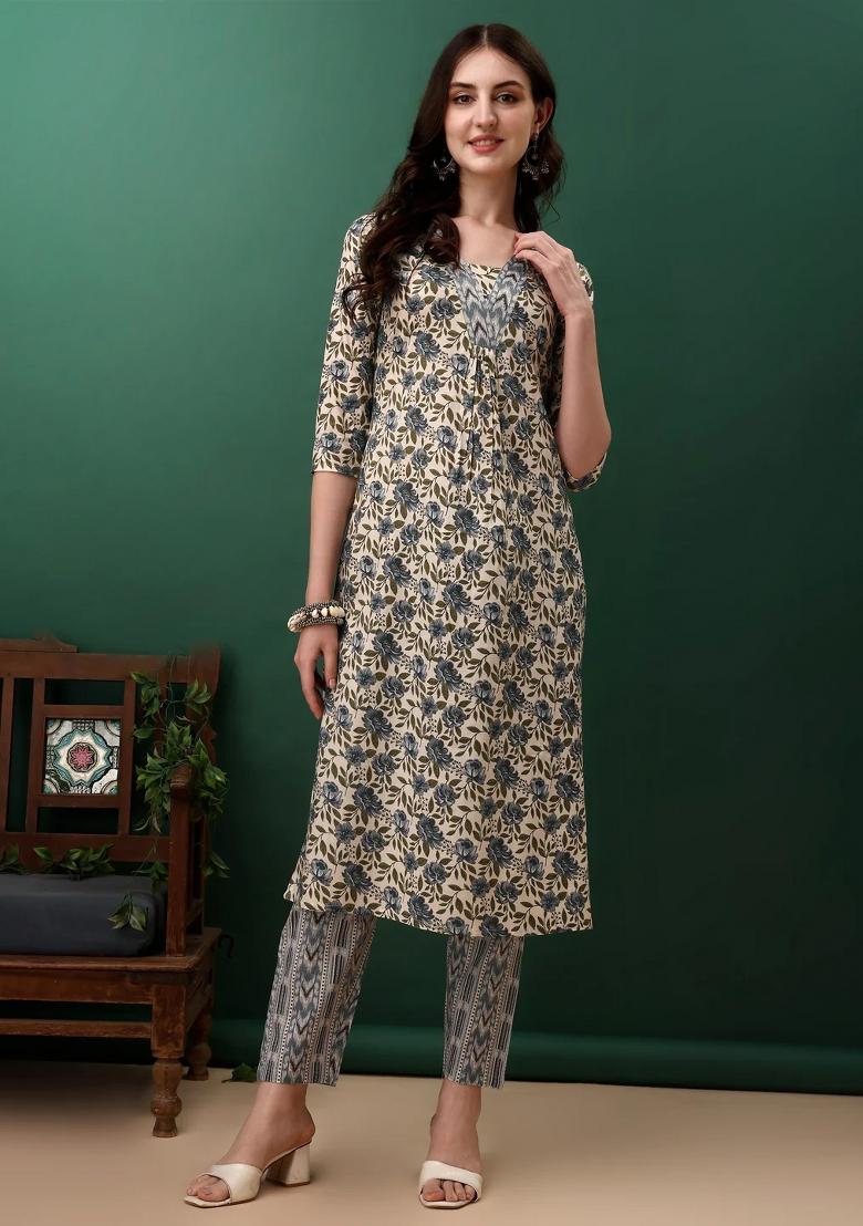 Navy Blue Embroidery Cotton Kurta Set - Indya