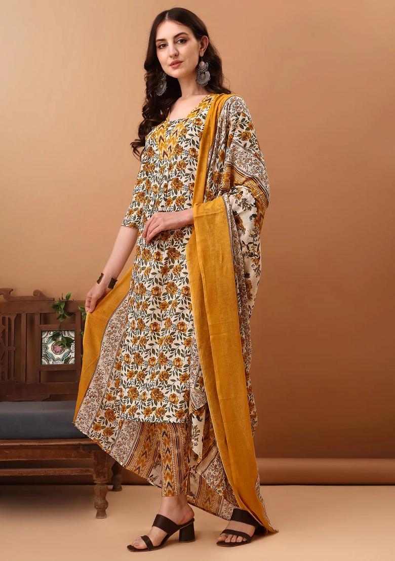 Yellow Embroidery Cotton Kurta Set - Indya