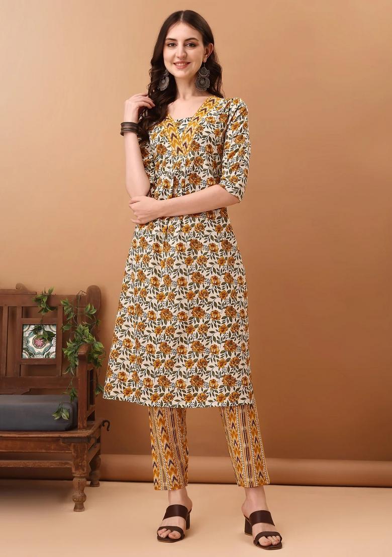 Yellow Embroidery Cotton Kurta Set - Indya
