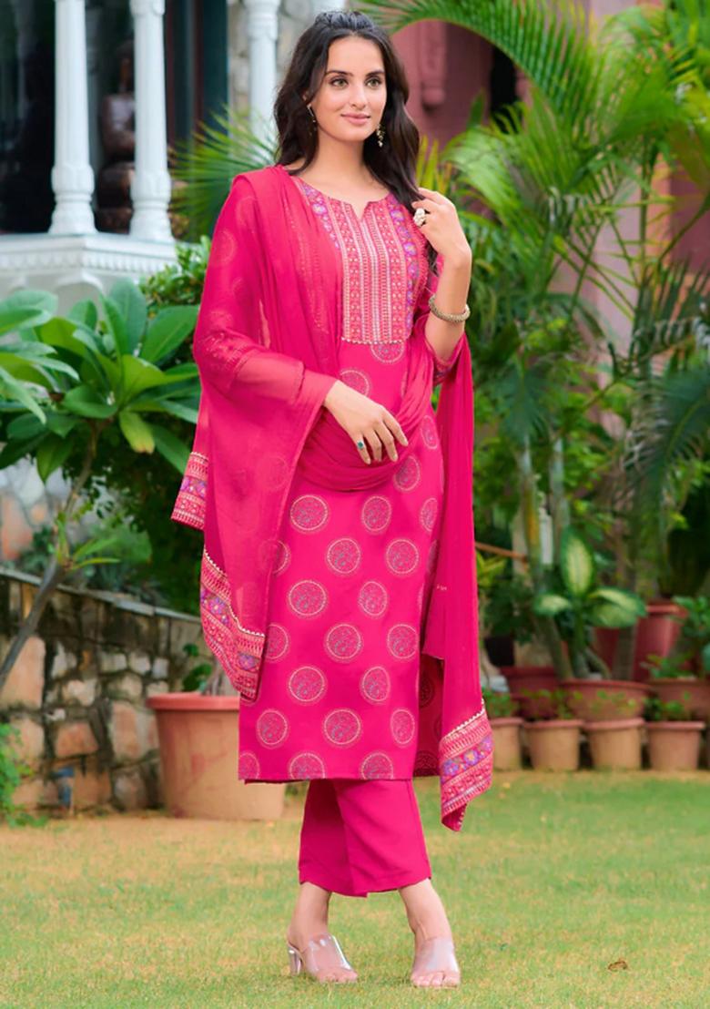 Pink Embroidery Rayon Kurta Set - Indya