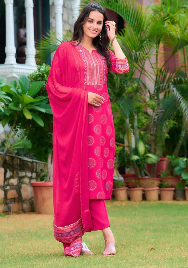Pink Embroidery Rayon Kurta Set - Indya