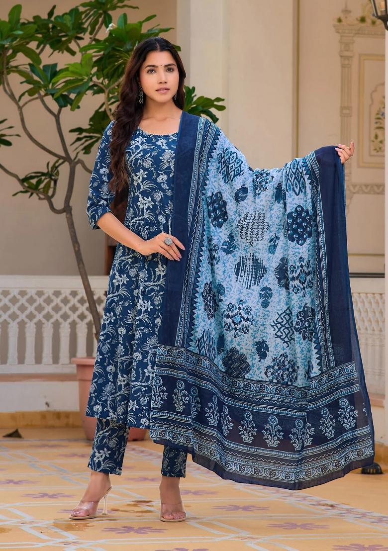 Blue Embroidery Cotton Kurta Set - Indya