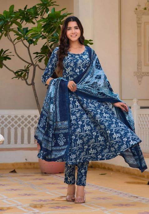 Blue Embroidery Cotton Kurta Set