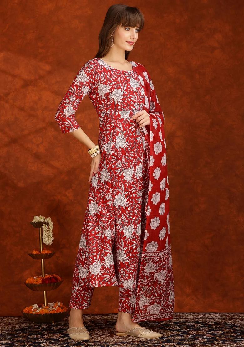 Maroon Embroidery Cotton Kurta Set - Indya