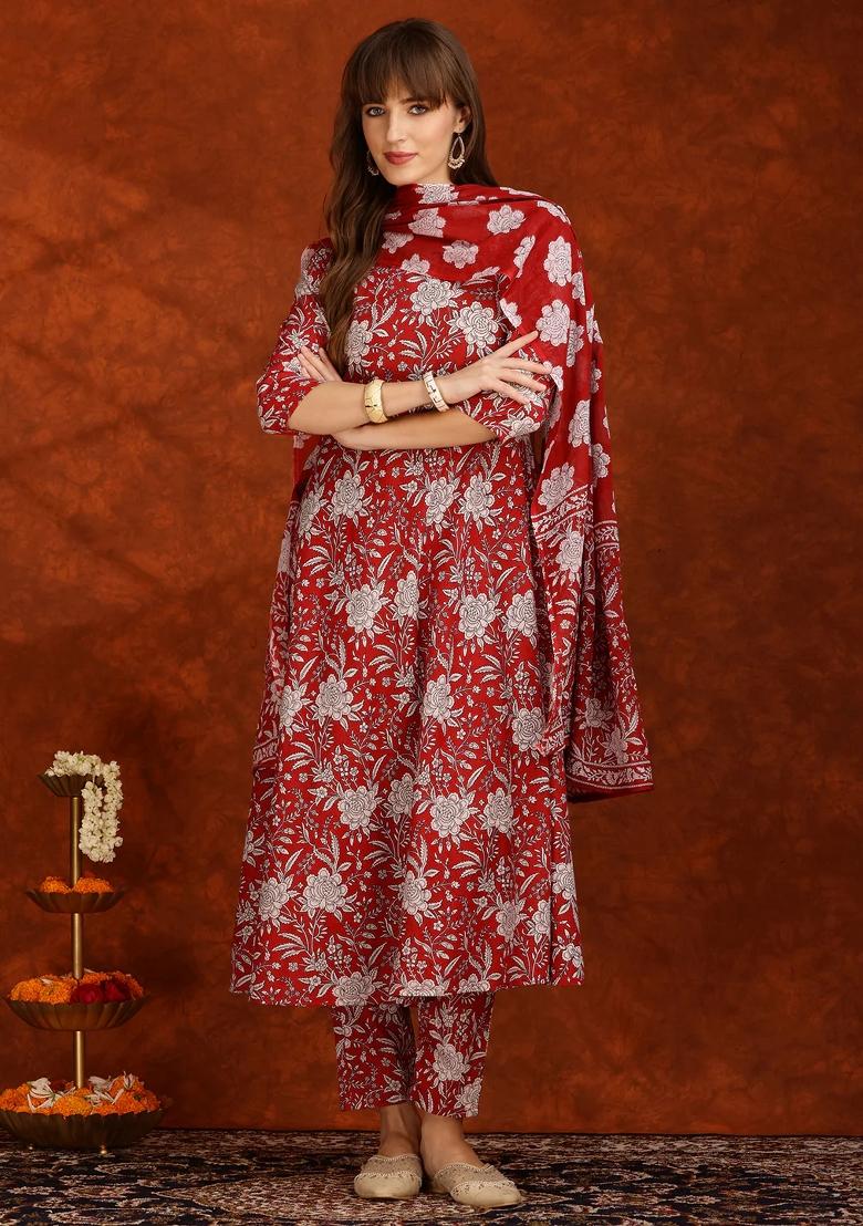 Maroon Embroidery Cotton Kurta Set - Indya