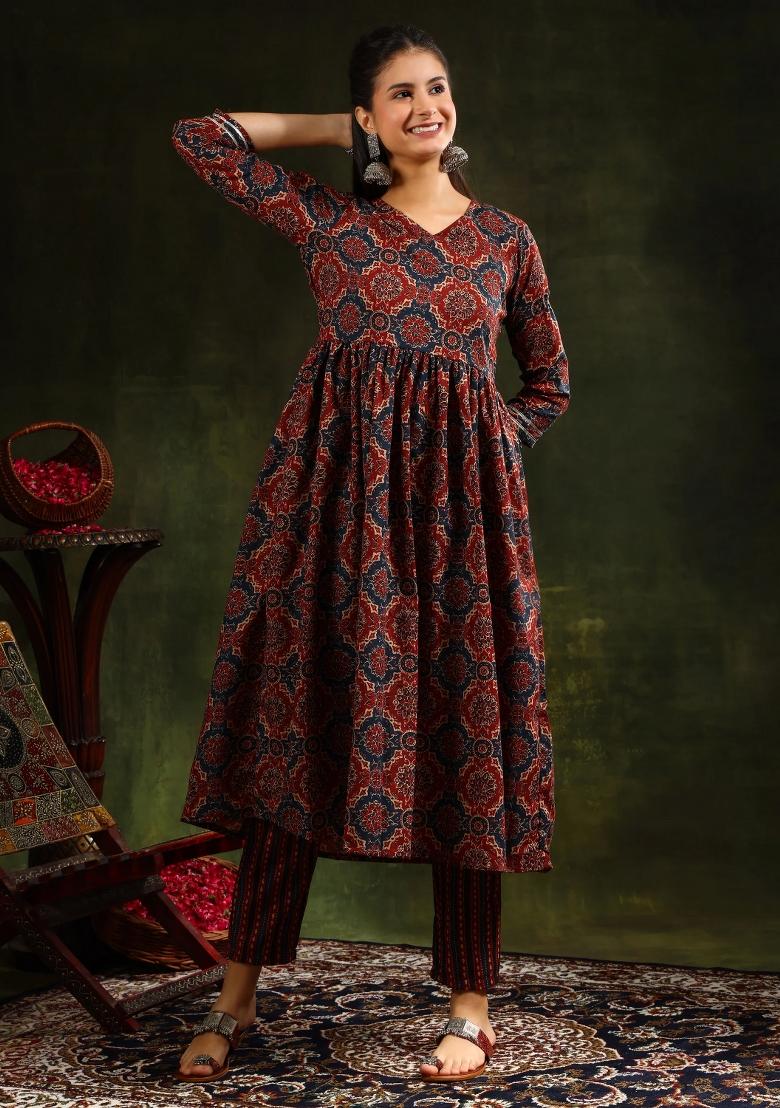 Rust Embroidery Cotton Kurta Set - Indya