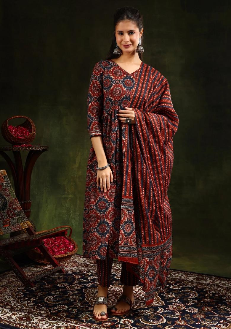 Rust Embroidery Cotton Kurta Set - Indya