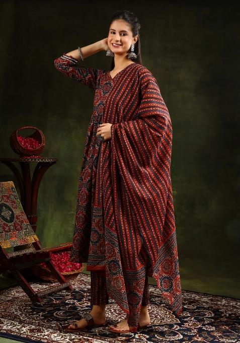 Rust Embroidery Cotton Kurta Set