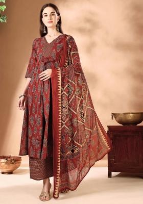 Rust Embroidery Rayon Kurta Set