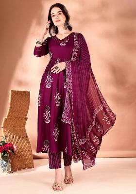 Purple Embroidery Rayon Kurta Set