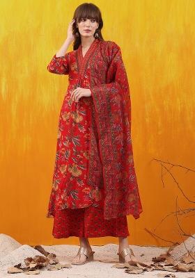Red Embroidery Rayon Kurta Set