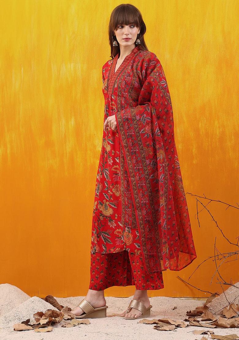 Red Embroidery Rayon Kurta Set - Indya