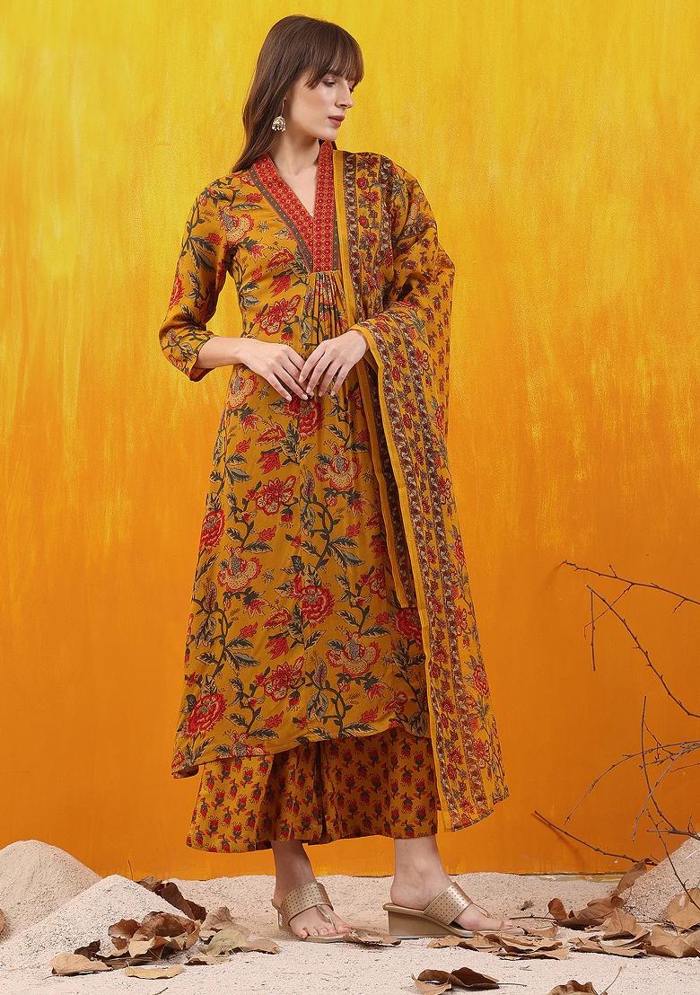 Mustard Embroidery Rayon Kurta Set - Indya