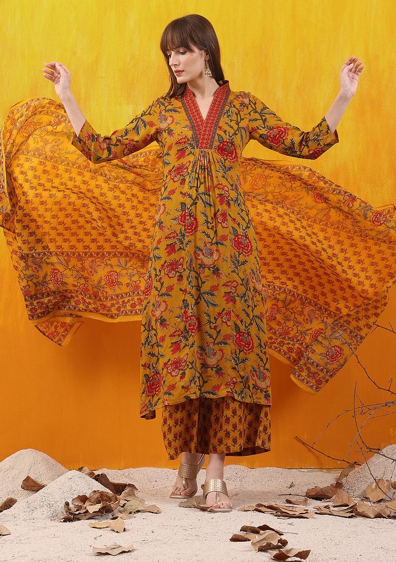 Mustard Embroidery Rayon Kurta Set - Indya