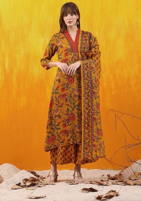 Mustard Embroidery Rayon Kurta Set