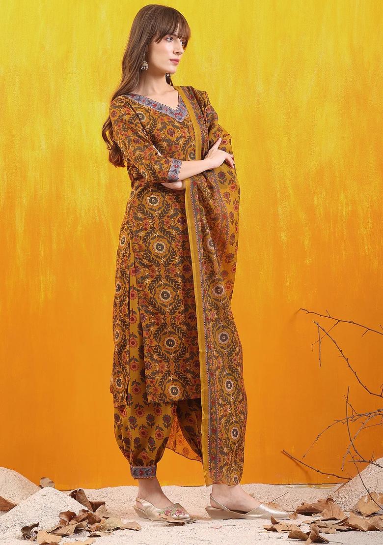 Mustard Embroidery Rayon Kurta Set - Indya